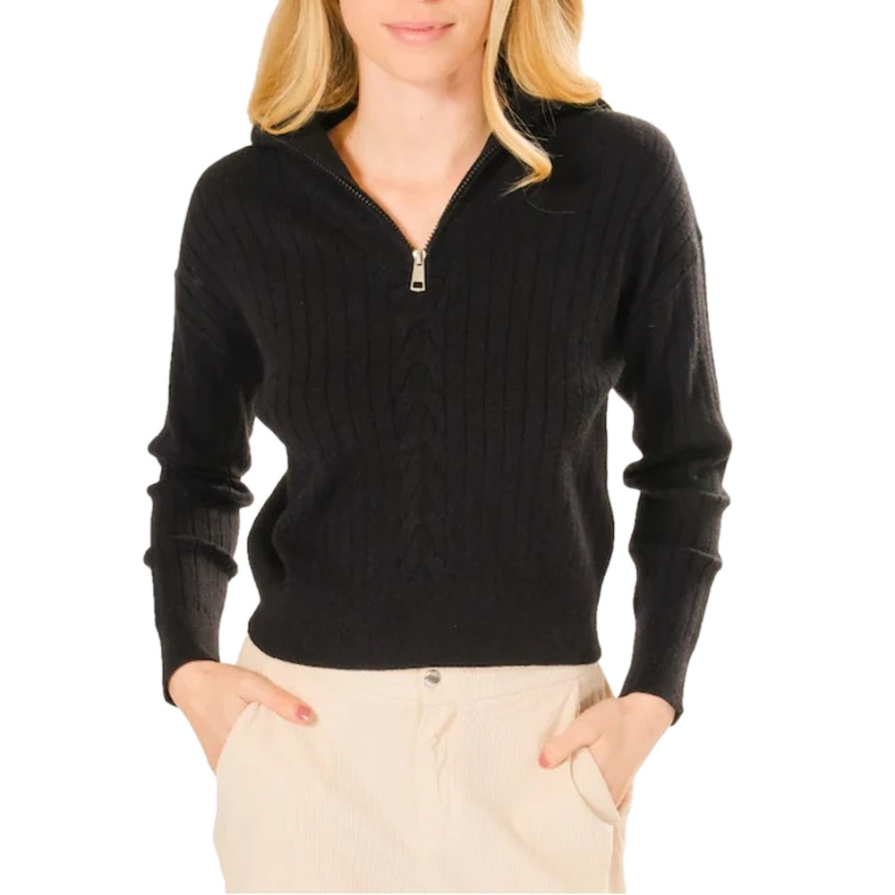 AREA STARS Women’s Black long sleeve textured soft knit Nova Zip Sweater